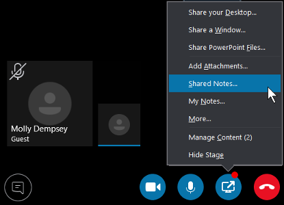 Et skærmbillede, der viser menuen for præsentations knappen i et Skype for Business-møde.
