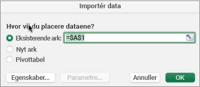Dialogboksen Importér data, der bruges til at finde dataene