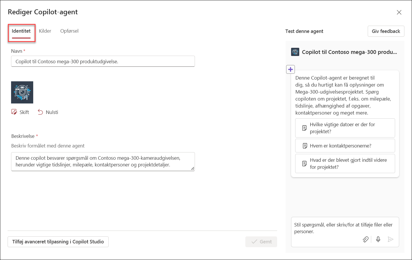 skærmbillede af startbrugergrænsefladen til redigering af en Copilot-agent