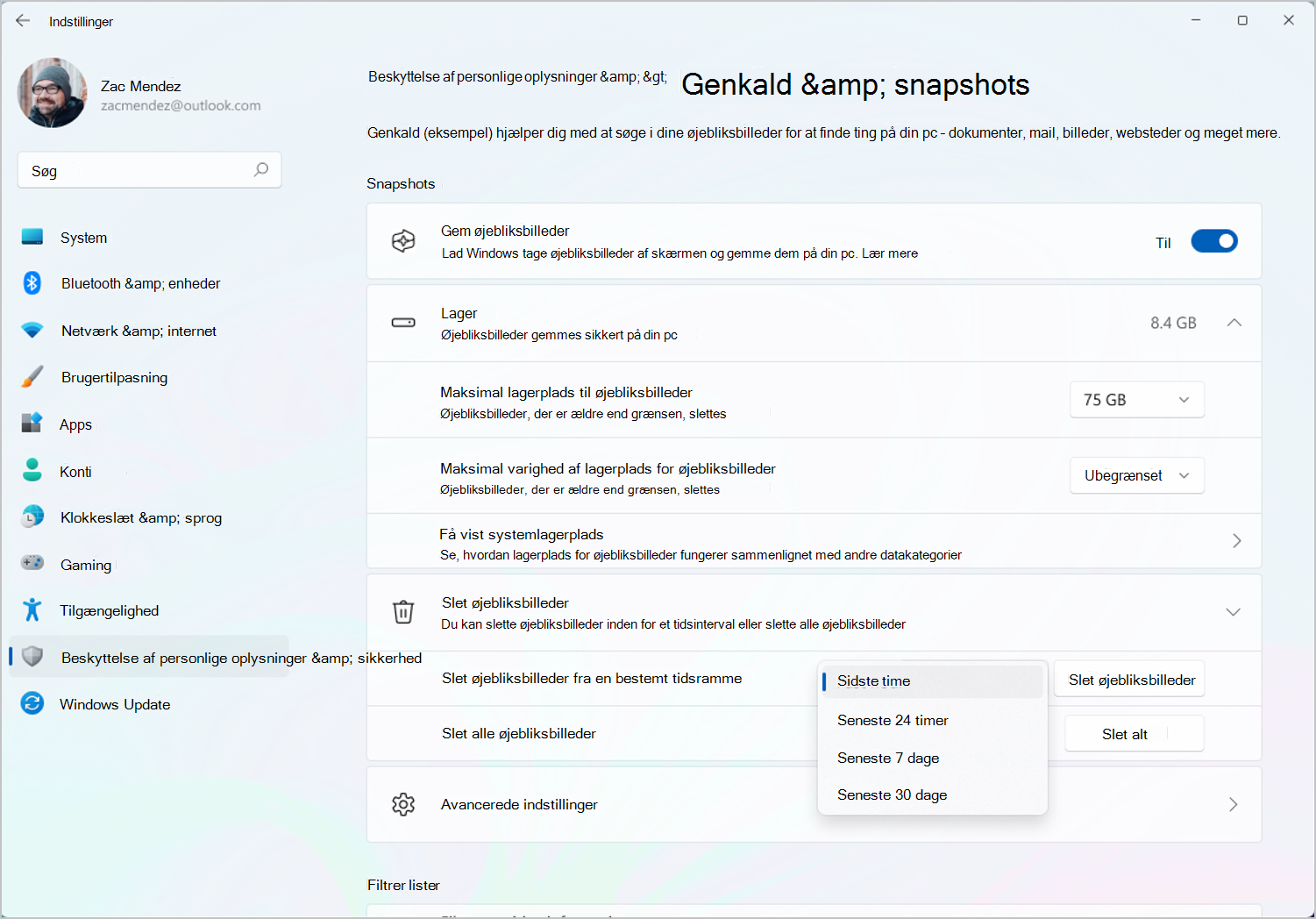 Skærmbillede af lagerindstillingerne på siden Genkald & øjebliksbilleder i Windows-indstillinger