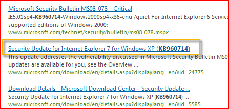 Microsoft Download Center søger automatisk efter alt indhold, der er relateret til det opdateringsnummer, du har angivet. Vælg sikkerhedsopdateringen til Windows XP baseret på dit operativsystem.