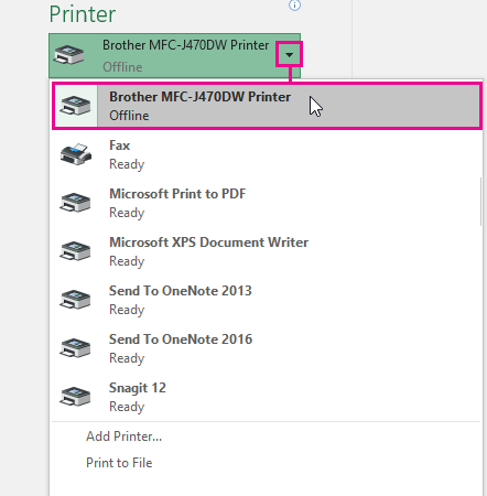 På rullelisten vises alle tilgængelige printere, som din computer kan oprette forbindelse til. Klik på den ønskede.