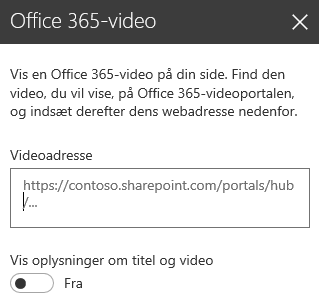 Skærmbillede af dialogboksen Videoadresse i Office 365 i SharePoint.