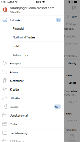 Viser Outlook-appen med indbakken øverst på listen og indstillingen Grupper nederst på listen.