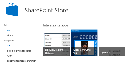 Visning af udvalget af apps i SharePoint Store. 