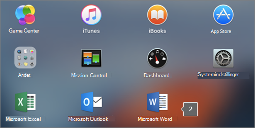Viser Microsoft Word-ikonet i en delvis visning af Startområde