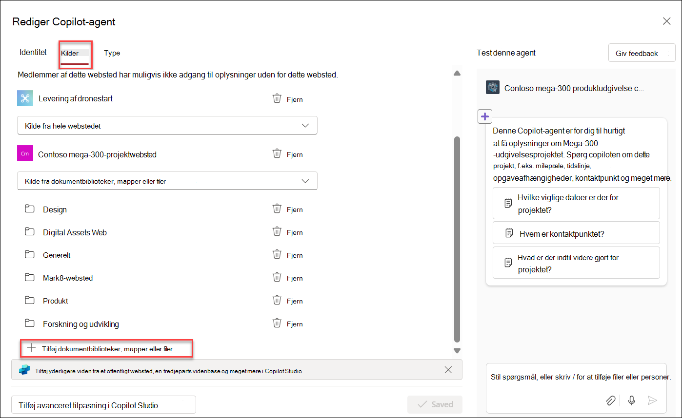 Skærmbilledet af tilføjelse af videnressourcer til Copilot-agent