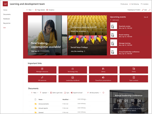 Skærmbillede af eksemplet på webstedsskabelonen til ledelsen og udviklingsteamet
