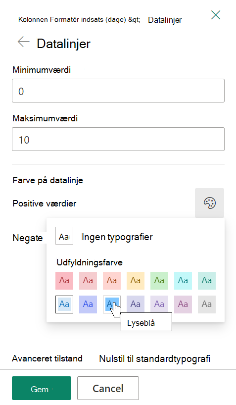 Indstillinger for formatering af datalinjer i SharePoint en listekolonne.