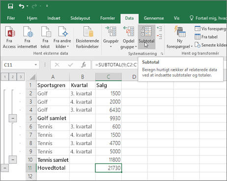 Klik på Subtotal under fanen Data for at tilføje en række med subtotaler i dine Excel-data