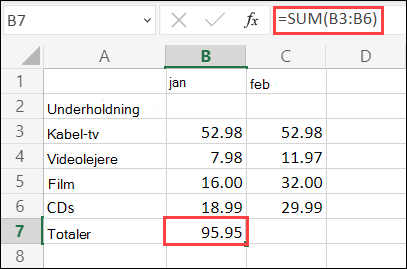 Autosumformel i Excel til internettet