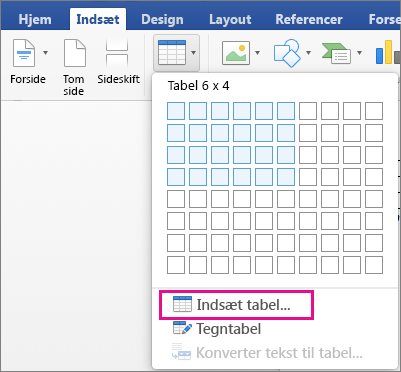 I Indsæt Tabel er det fremhævet, at du opretter en brugerdefineret tabel