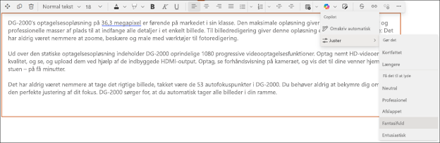 Eksempel på ændring af tonen i foreslået tekst i Copilot i SharePoint – før