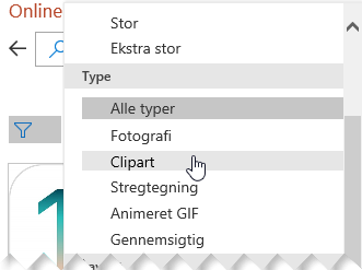 Brug filteret Type til at begrænse dine valg til kun clipart