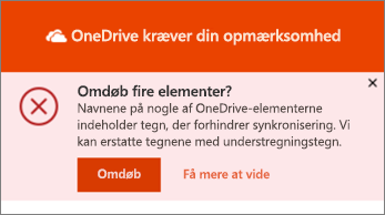 Skærmbillede af meddelelsen Omdøb i OneDrive-synkroniseringsappen til skrivebordet