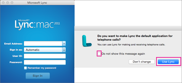 Hvis du vil bruge Lync til telefonopkald, skal du vælge Brug Lync.