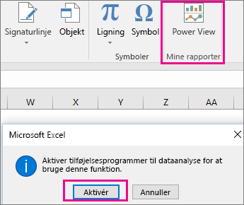 Brugerdefineret Power View-knap og dialogboks ved aktivering af tilføjelsesprogrammet i Excel