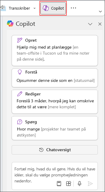 Ruden Copilot i OneNote i højre side af siden.