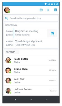 Startskærmen i Skype for Business til Android