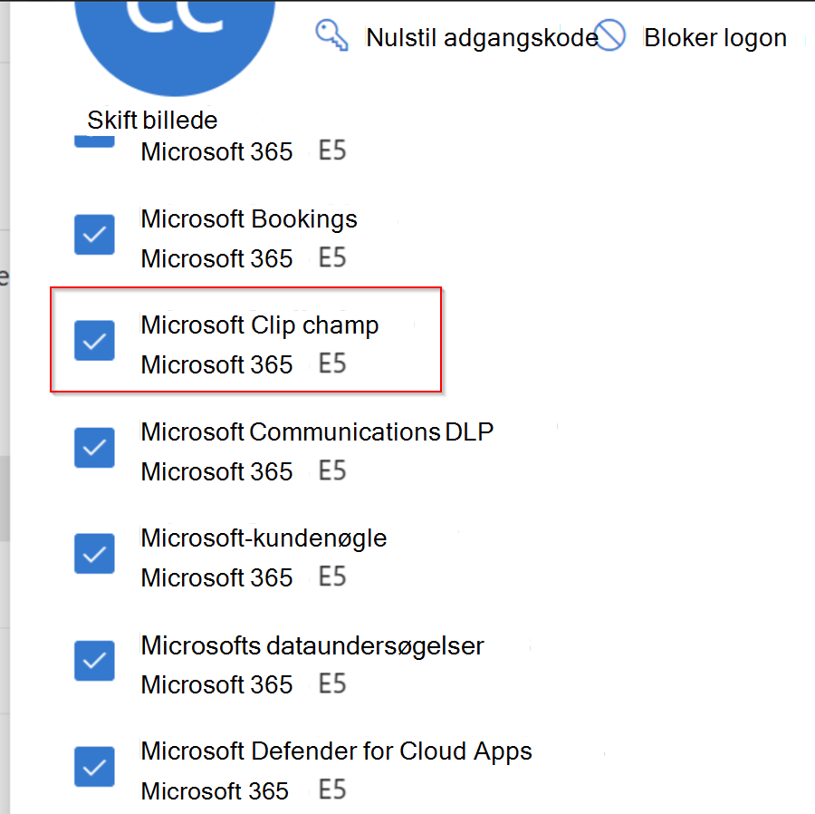 Clipchamp er synlig som en tjeneste på listen over apps og licenser, der er tildelt en bruger i en Microsoft 365-organisation