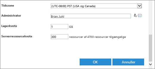 Dialogboksen Ny Gruppe af websteder med tidszone og kvotesektion.