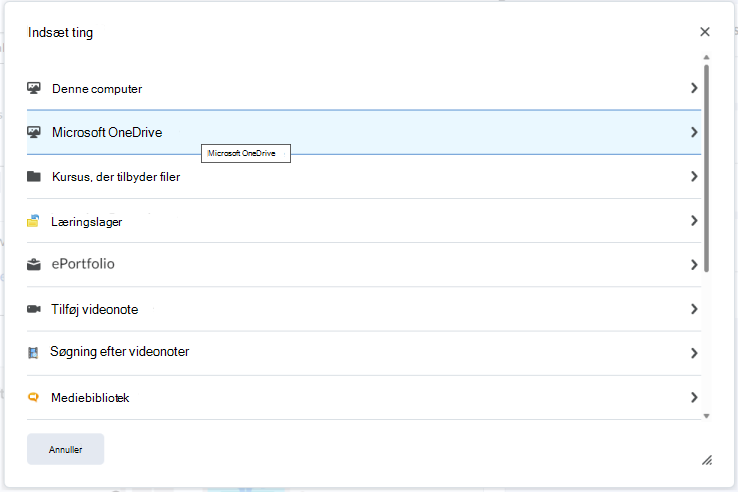 Integrer en OneDrive-fil i Brightspace Editor ved hjælp af menuen Indsæt ting.