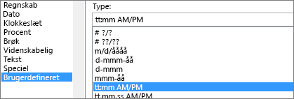 Dialogboksen Formatér celler, brugerdefineret kommando, h:mm AM/PM-type