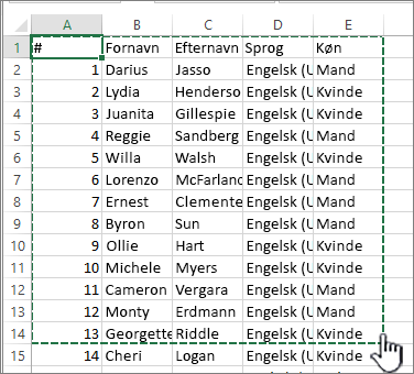 Excel-regneark med "område" fremhævet