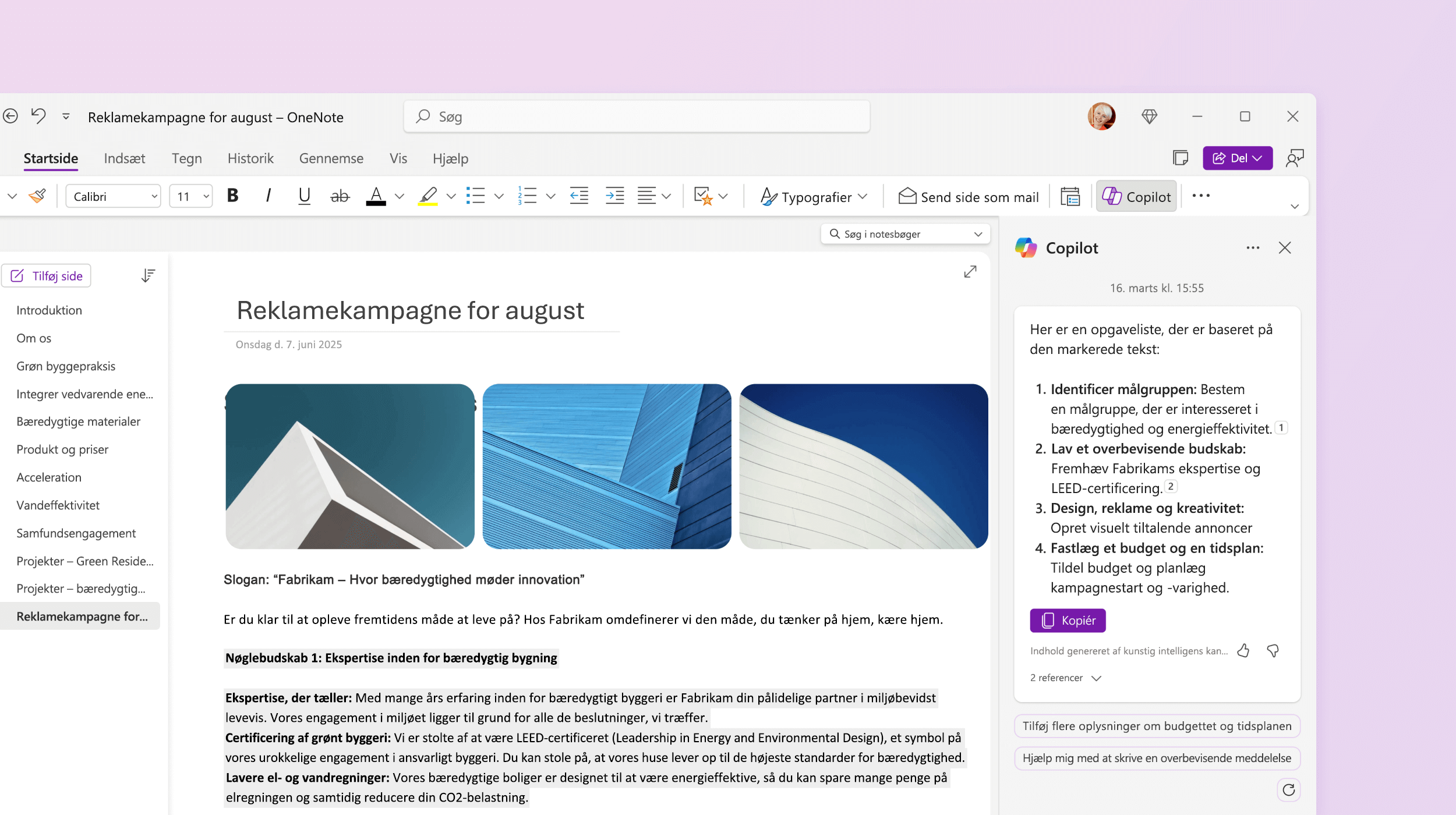 Skærmbillede, der viser Copilot i OneNote, hvor der laves en opgaveliste.