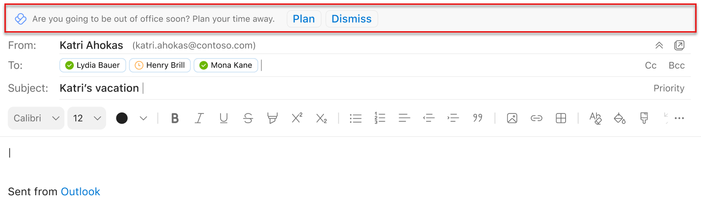 Skærmbillede af et indbygget forslag til at planlægge din tid væk, mens du skriver en mail i Outlook
