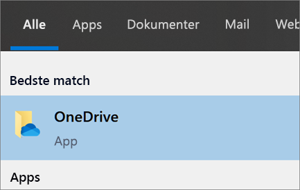 Skærmbillede af søgning efter OneDrive-skrivebords-appen i Windows 10