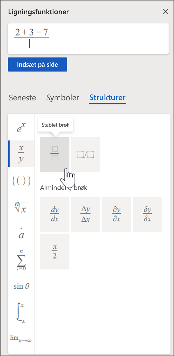 Sidepanel i Ligningsværktøjer, der indeholder et felt, hvor du kan lave en kladde til din ligning og et bibliotek med strukturer og symboler