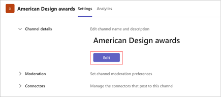 Skærmbillede af siden med kanalindstillinger for "American Design Awards". Vælg Rediger for at opdatere kanalnavnet og beskrivelsen. Den indeholder også sektioner til moderering og forbindelser.