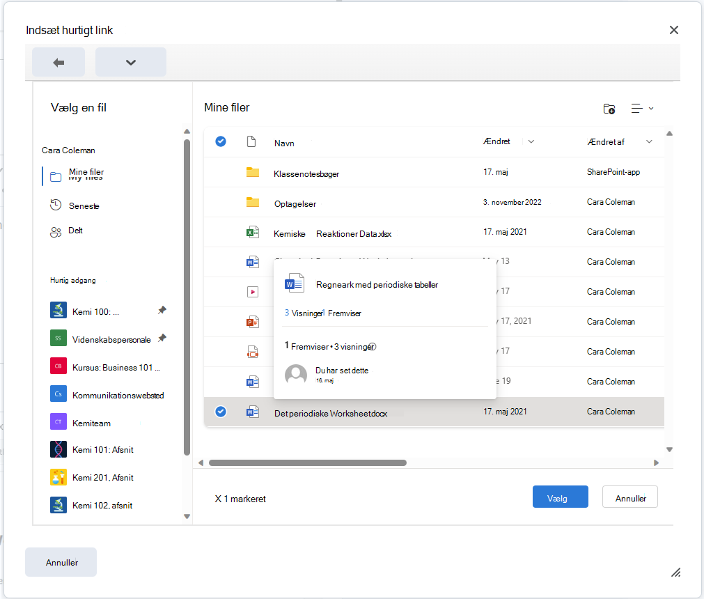 Integrer en OneDrive-fil i Brightspace Editor ved hjælp af knappen Indsæt Quicklink.