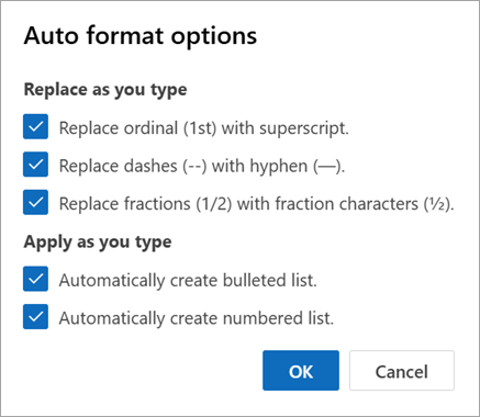 Vælg de ønskede indstillinger for automatisk formatering, og vælg OK.