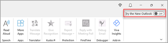 Billede, der viser til/fra-knappen Prøv det nye Outlook i øverste højre hjørne.