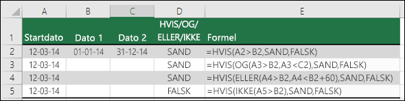 Eksempler på brug af HVIS med OG, ELLER og IKKE til evaluering af datoer