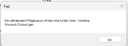 Skærmbillede af fejlmeddelelsen "Den påkrævede fil PageLayout.dll blev ikke fundet"