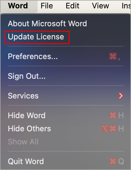 Find knappen Opdater licens i Microsoft Word på MacOS.