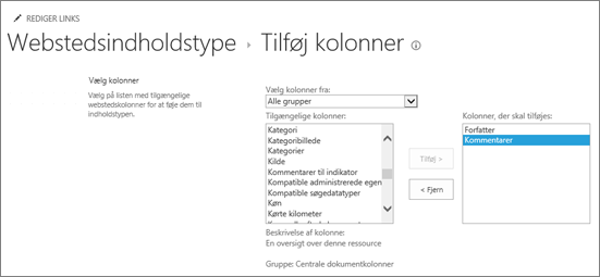 Føj eksisterende kolonner til indholdstype
