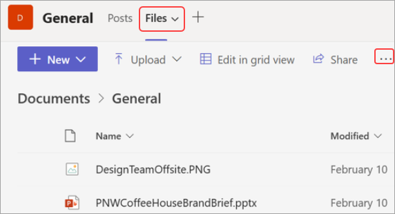 Skærmbillede af fanen Filer og indstillingen Åbn i SharePoint i Microsoft Teams,