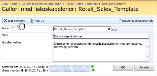 Siden Rediger listeskabelon med Slet fremhævet.