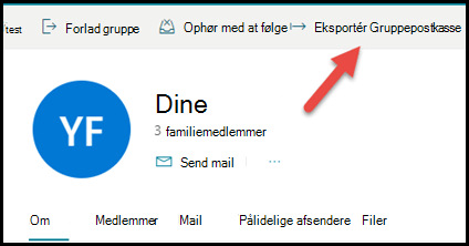 Gruppekortet i Outlook.com med en pil, der peger op og højre for Eksportér gruppepostkasse.