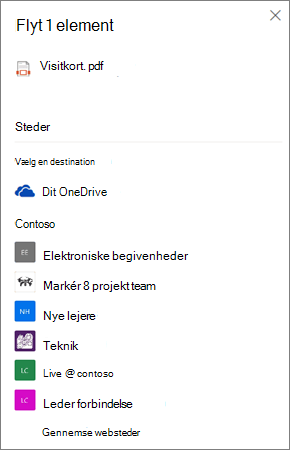 Skærmbillede af Valg af en destination, når du flytter en fil fra OneDrive til SharePoint