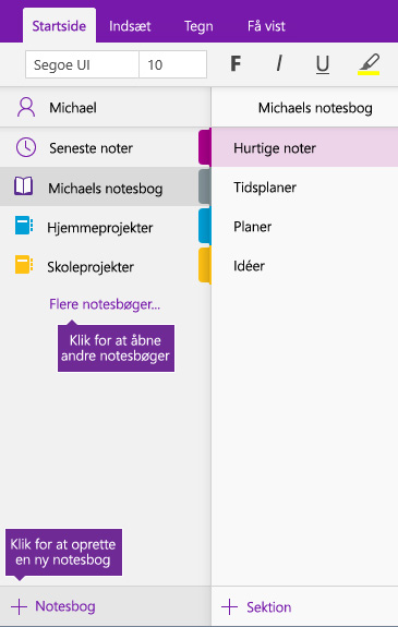 Skærmbillede af hvordan du opretter en ny notesbog i OneNote