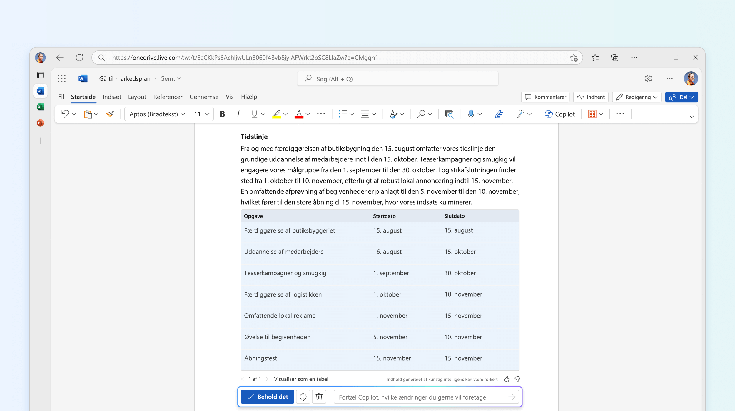 Skærmbillede af tekst til tabel i Copilot i Word