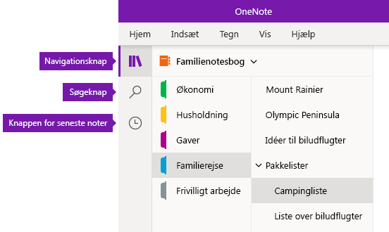 Navigationslinje i OneNote til Windows 10