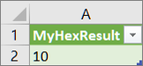 Resultat af funktionen MyHex i et regneark