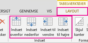 Billede af layoutindstillinger til at tilføje rækker og kolonner i tabeller