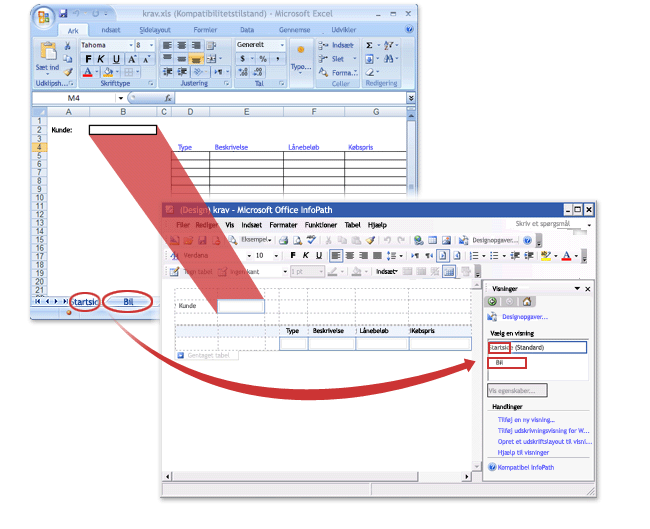 En Excel-projektmappe før og efter konvertering til en InfoPath-formularskabelon.